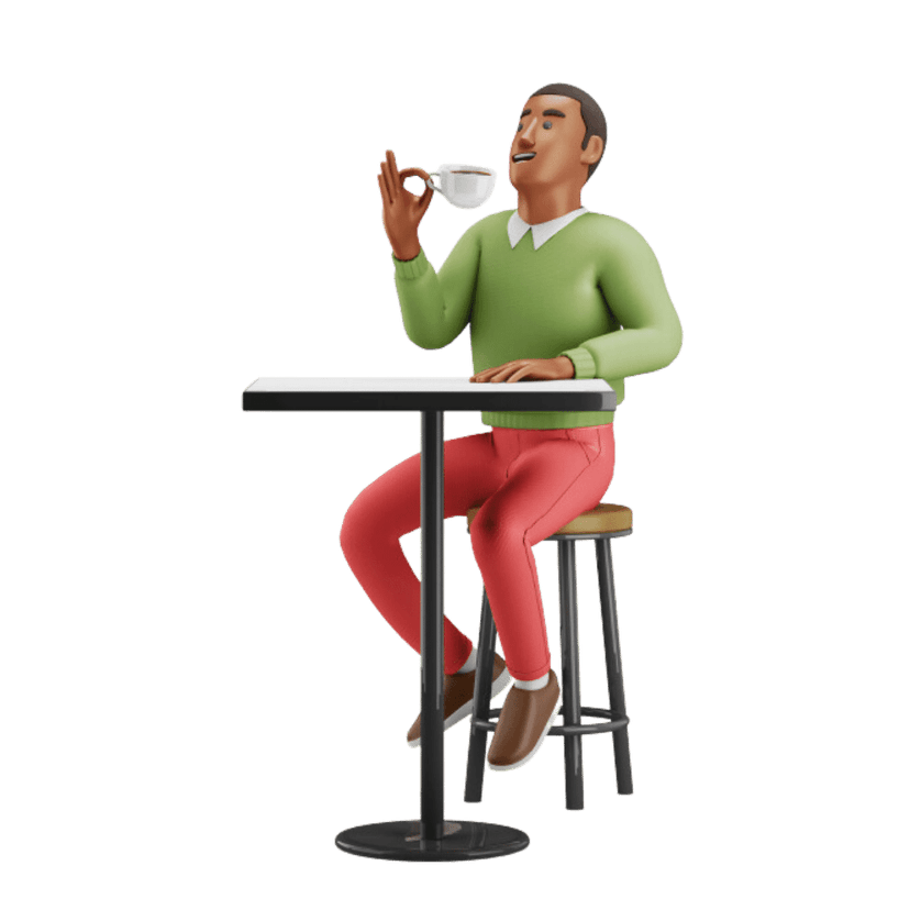 Character drinking tea on the table